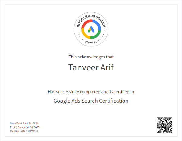 Google Search Ads Certification by Tanveer Arif