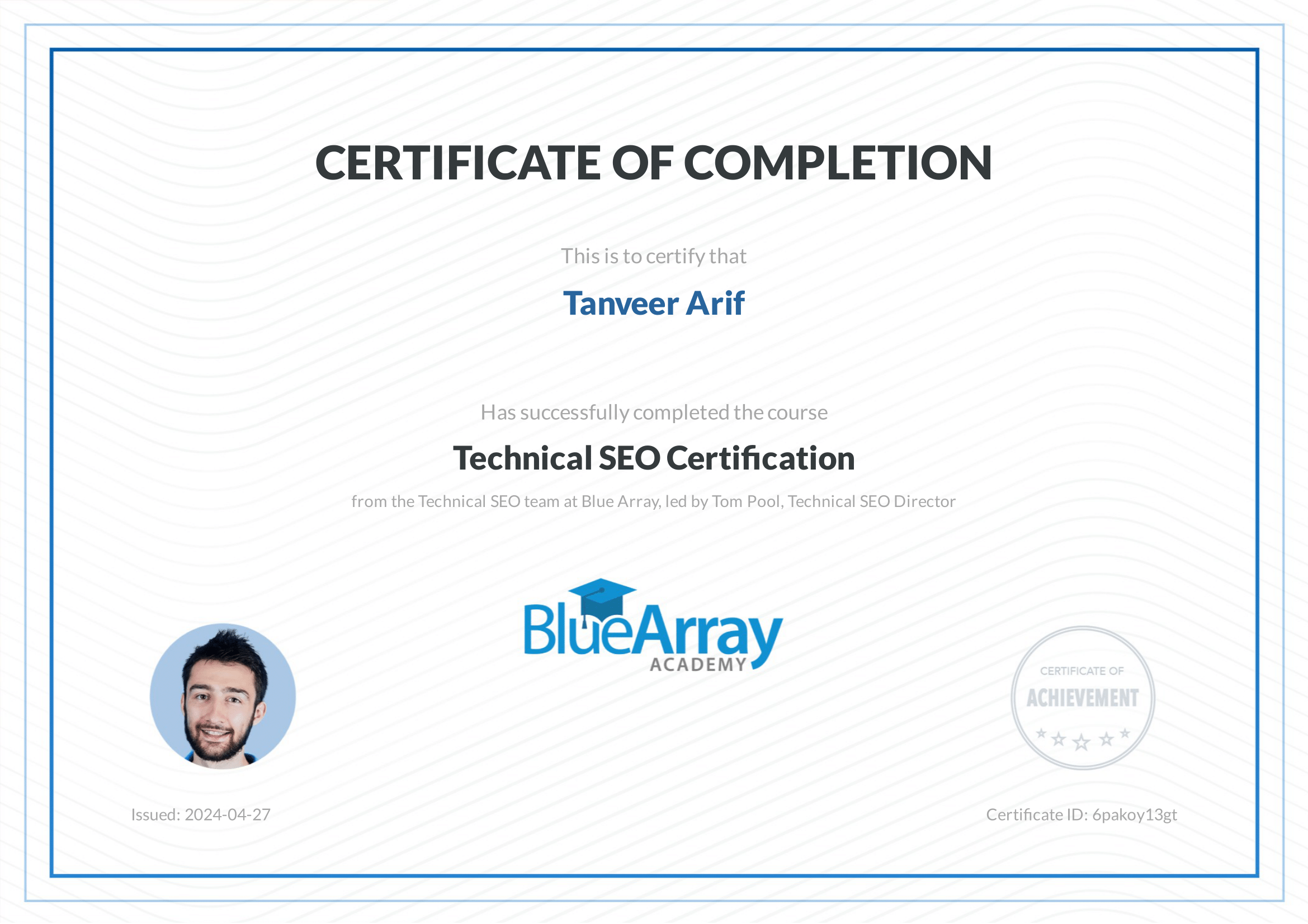 Blue Array Academy Technical SEO Certificatio for Tanveer Arif