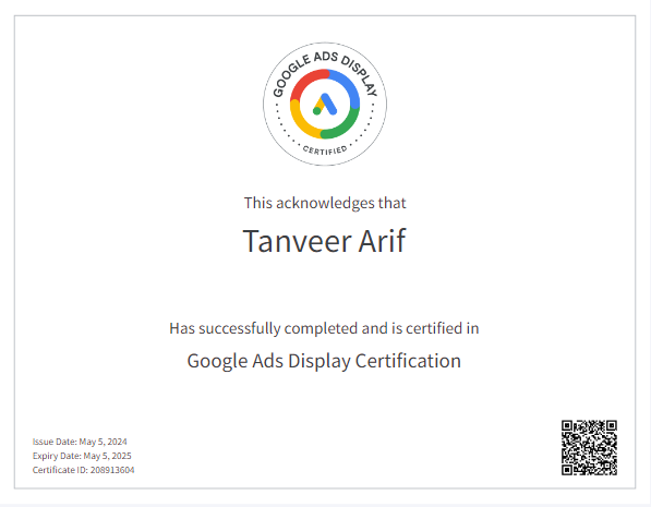 Tanveer Arif - Google Display Ads Certified